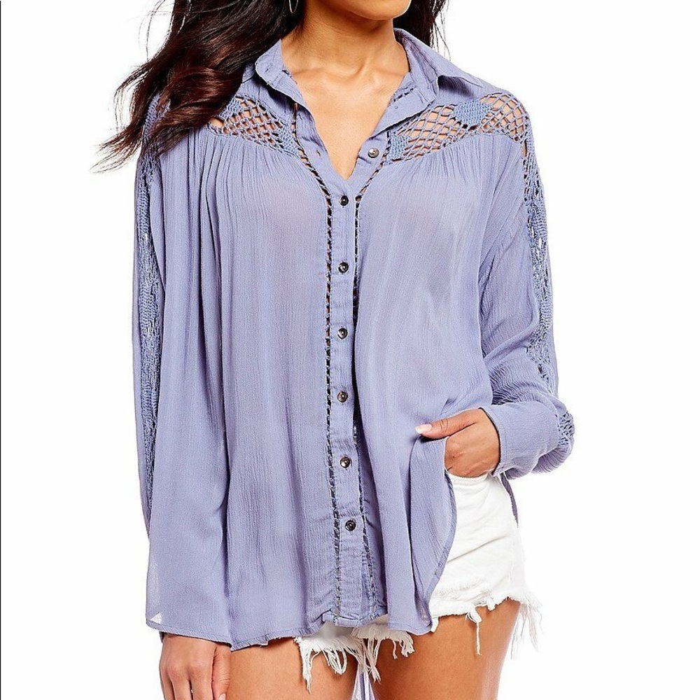 Free People blue long sleeve crochet tunic
